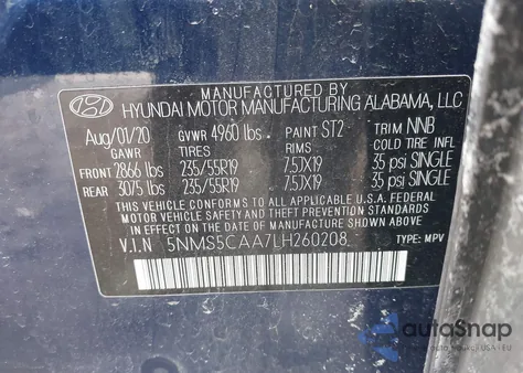 2020 Hyundai Santa Fe Limited 2.0T z USA, uszkodzony, nr VIN 5NMS5CAA7LH260208